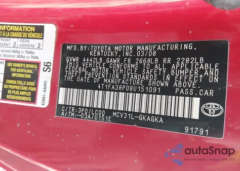 2008 Toyota Camry Solara Sle from USA, damaged, VIN 4T1FA38P08U151091